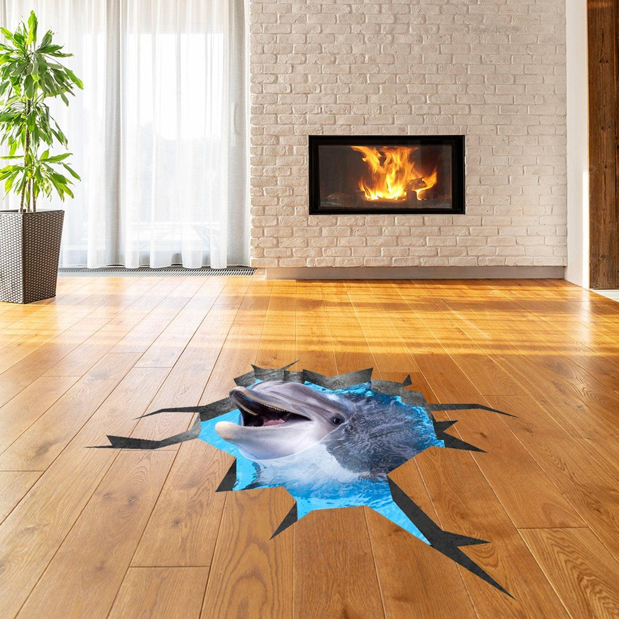3D dolphin sticker on wooden floor, creating a stunning underwater effect with a dolphin surfacing in clear water.