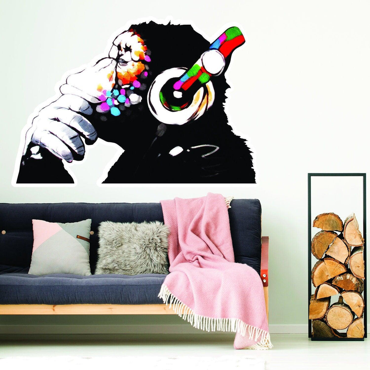 Banksy Thinking Monkey Sticker wall decal featuring a monkey with headphones, adding urban art to modern decor.