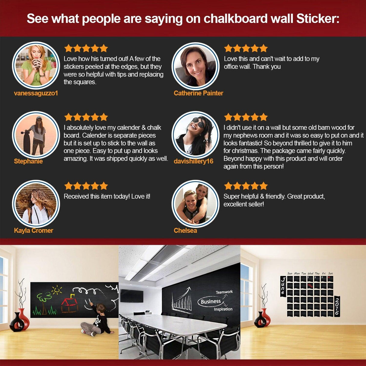 Customer reviews for chalkboard wall sticker showcasing feedback on usability and design in various settings.