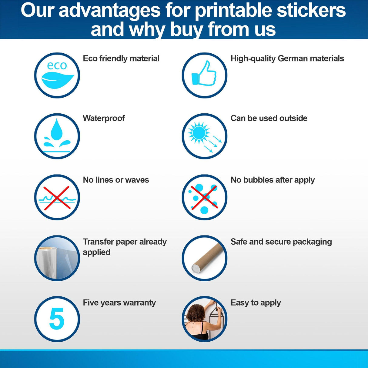 Infographic outlining advantages of printable stickers: eco-friendly, waterproof, bubble-free application, and more.