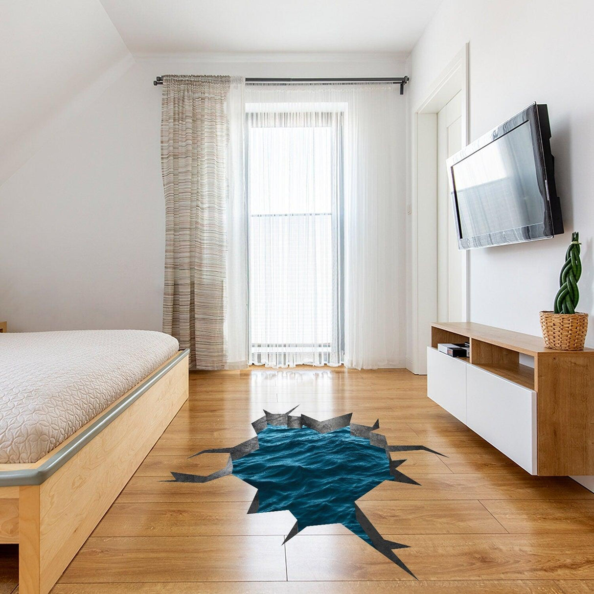 3D effect blue sea wall sticker creating a porthole view on wooden floor in a stylish bedroom decor