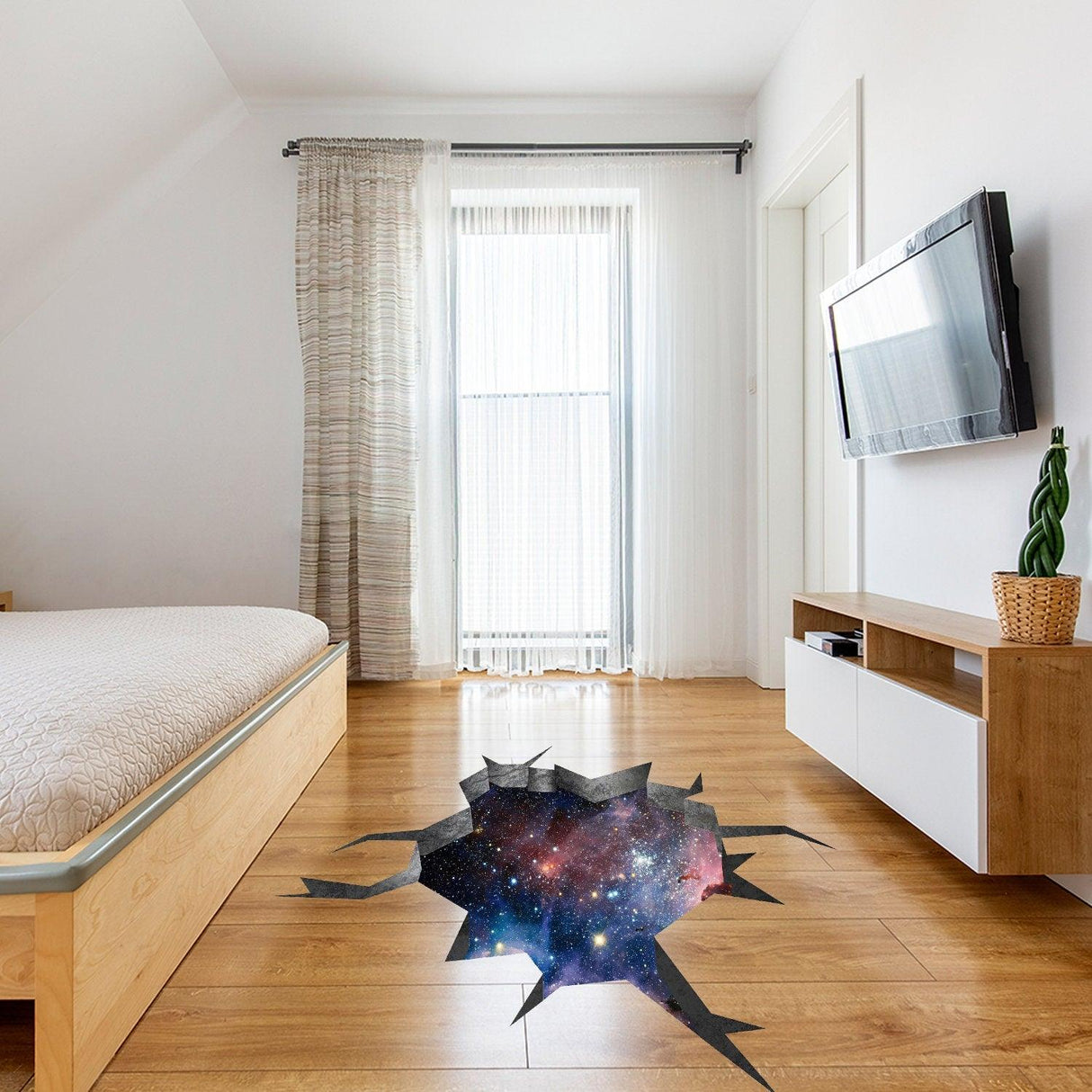 3D effect deep space wall sticker giving a porthole tunnel view in a modern bedroom setting.