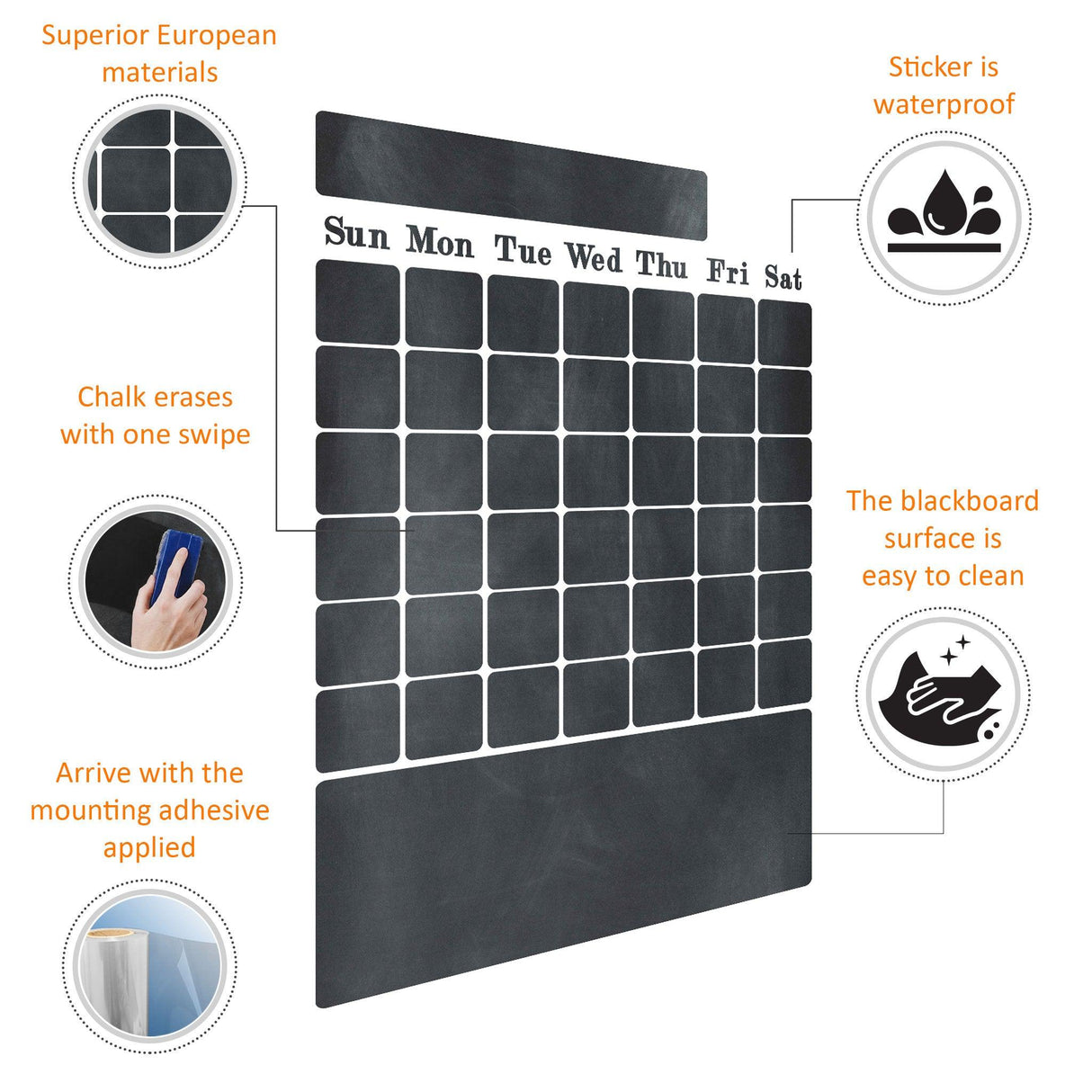 Chalkboard wall sticker diagram displaying days of the week with easy-to-clean features for kitchen organization.