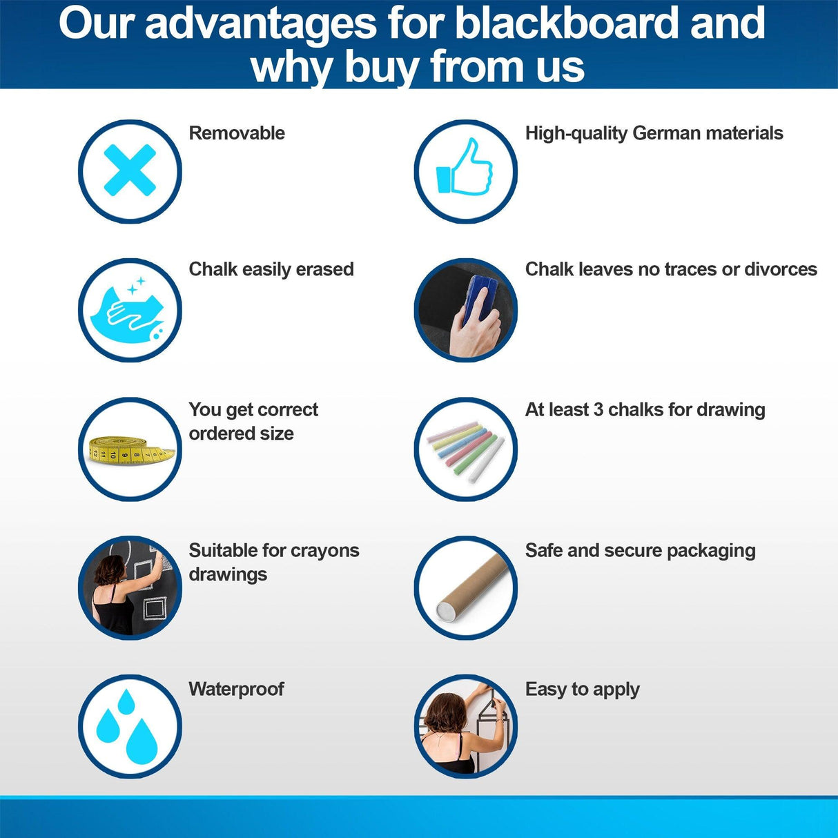 Benefits of chalkboard vinyl decals: removable, waterproof, erasable chalk, high-quality materials, and easy application.