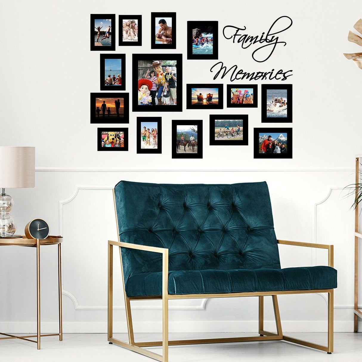 Stylish wall frame sticker set showcasing family memories in various picture frames above a modern teal chair.