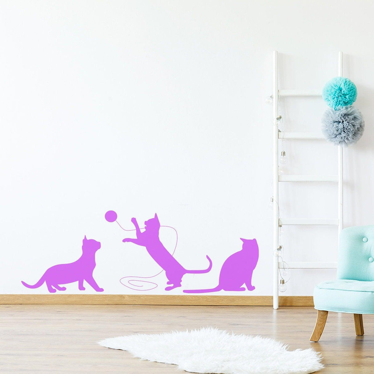 Cute purple cat wall decal with playful cats and a ball, perfect for cat lovers' home decoration.