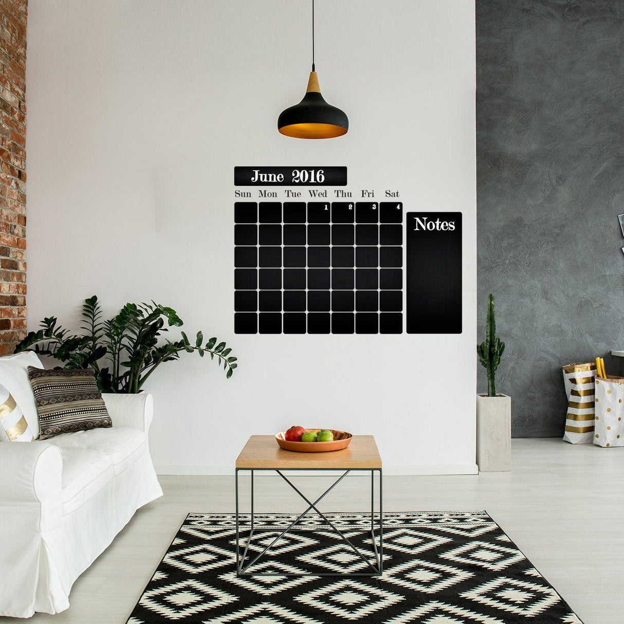Office calendar chalkboard vinyl sticker on wall in modern living room, featuring editable dates and notes section.