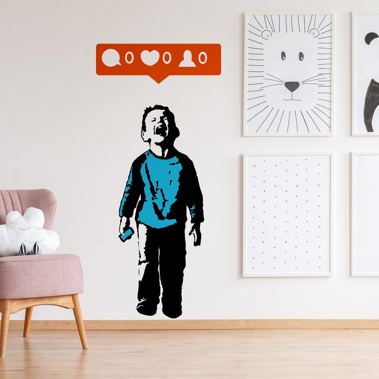 Banksy-inspired wall sticker of a smiling boy with social media icons, enhancing modern room decor.