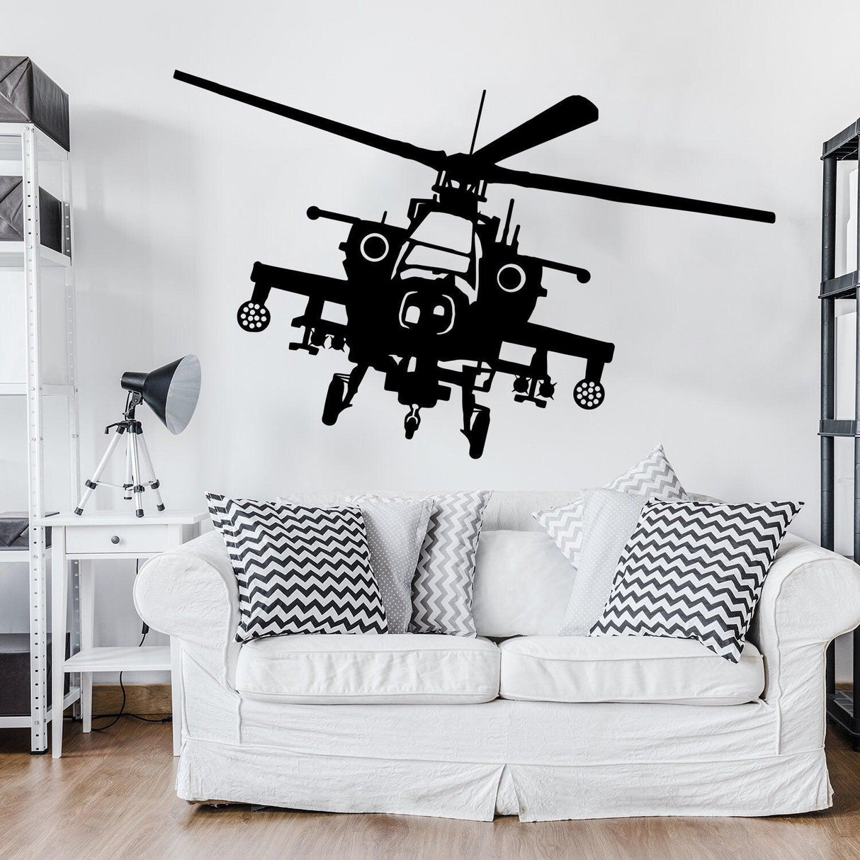 Black helicopter wall decal in a modern living room setting, adding an adventurous touch to home decor.
