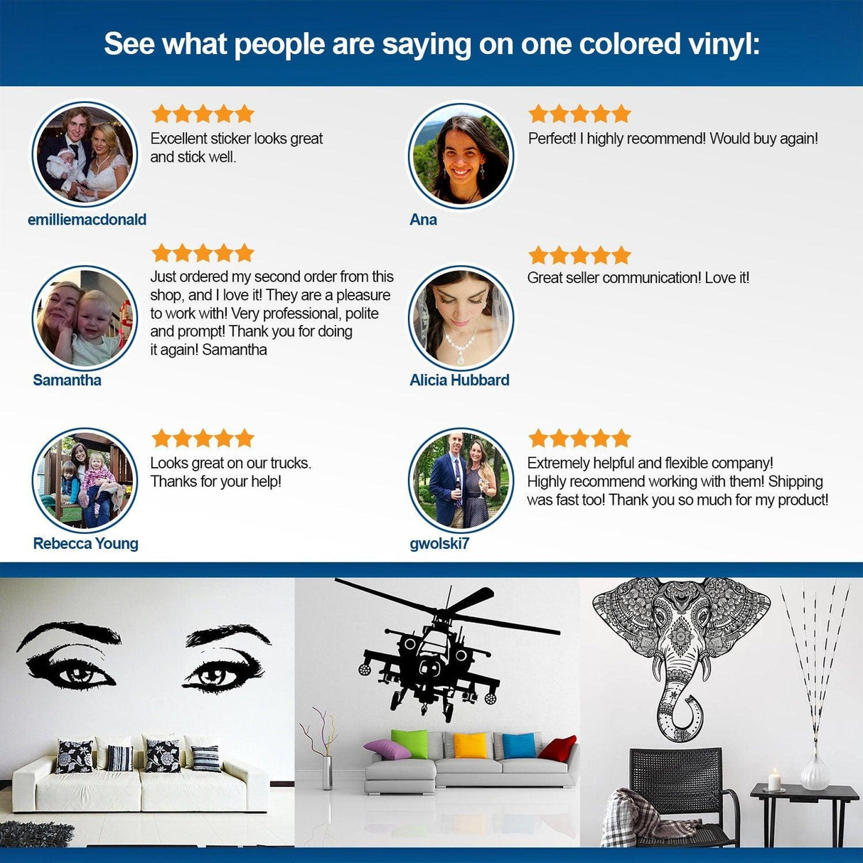 Customer reviews and testimonials for one colored vinyl stickers showcasing satisfaction and decor ideas.