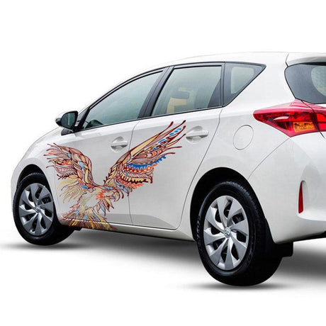 Custom car door vinyl sticker featuring a colorful eagle design on a white vehicle.