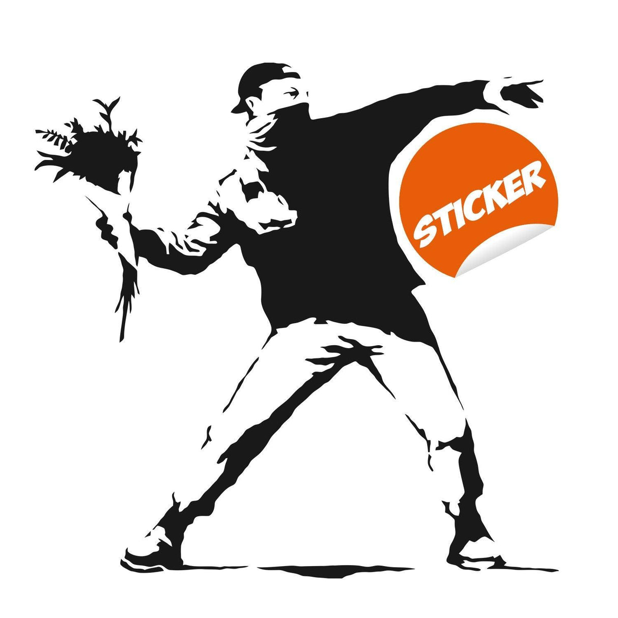 Banksy Flower Throw Me wall sticker of a girl throwing flowers, ideal for home decor and easy to apply on smooth surfaces.