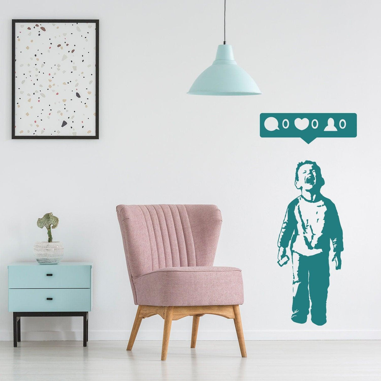 Crying Boy With Cellphone Banksy Wall Sticker in modern living room, highlighting social media impact on art.