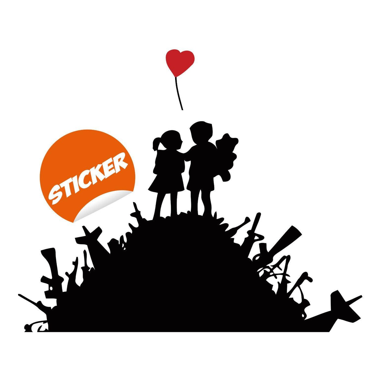 Banksy wall sticker of a boy and girl with a heart-shaped balloon, urban art decor for kids' rooms.
