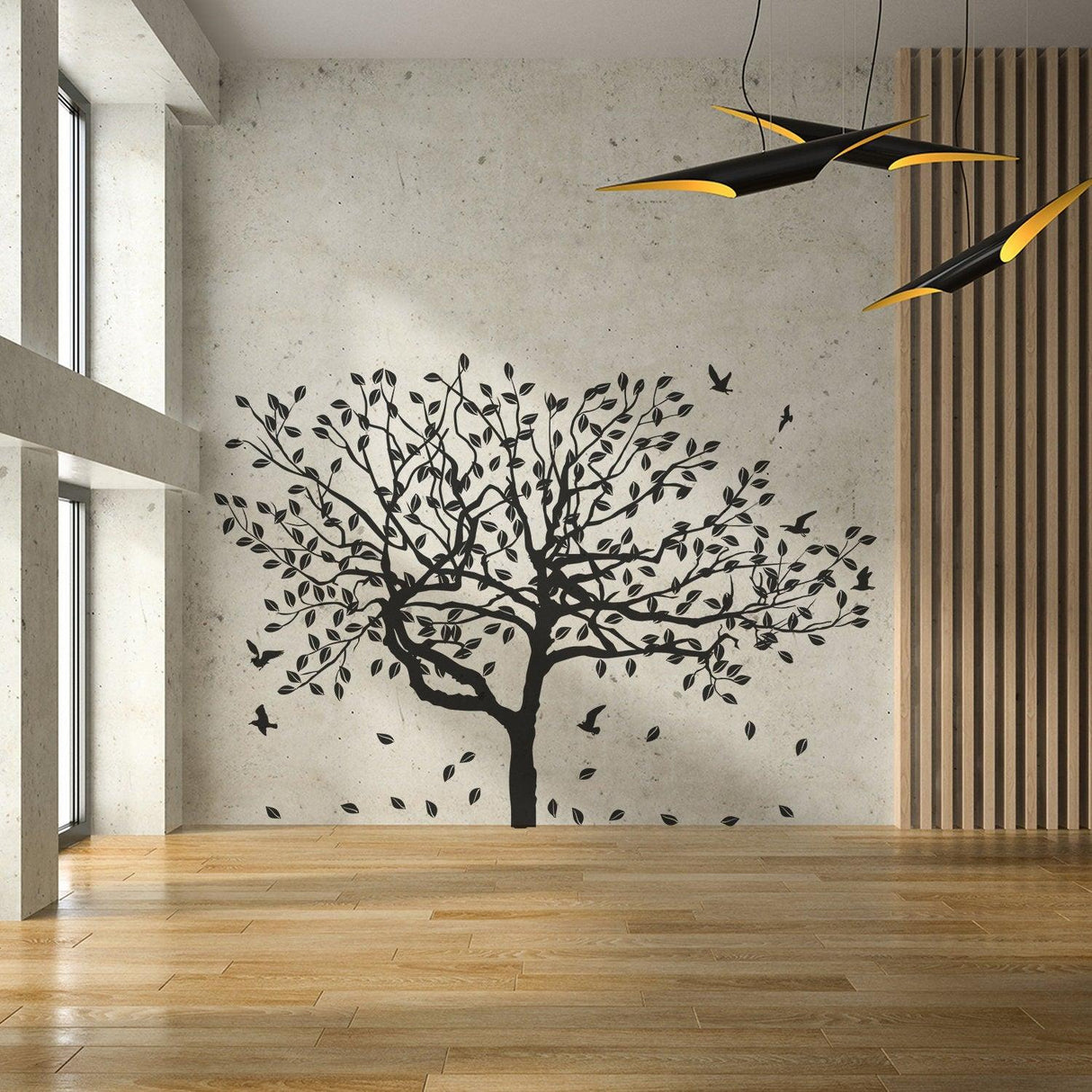 Birch tree wall decal sticker in modern interior, showcasing intricate design and natural elegance for home decor.