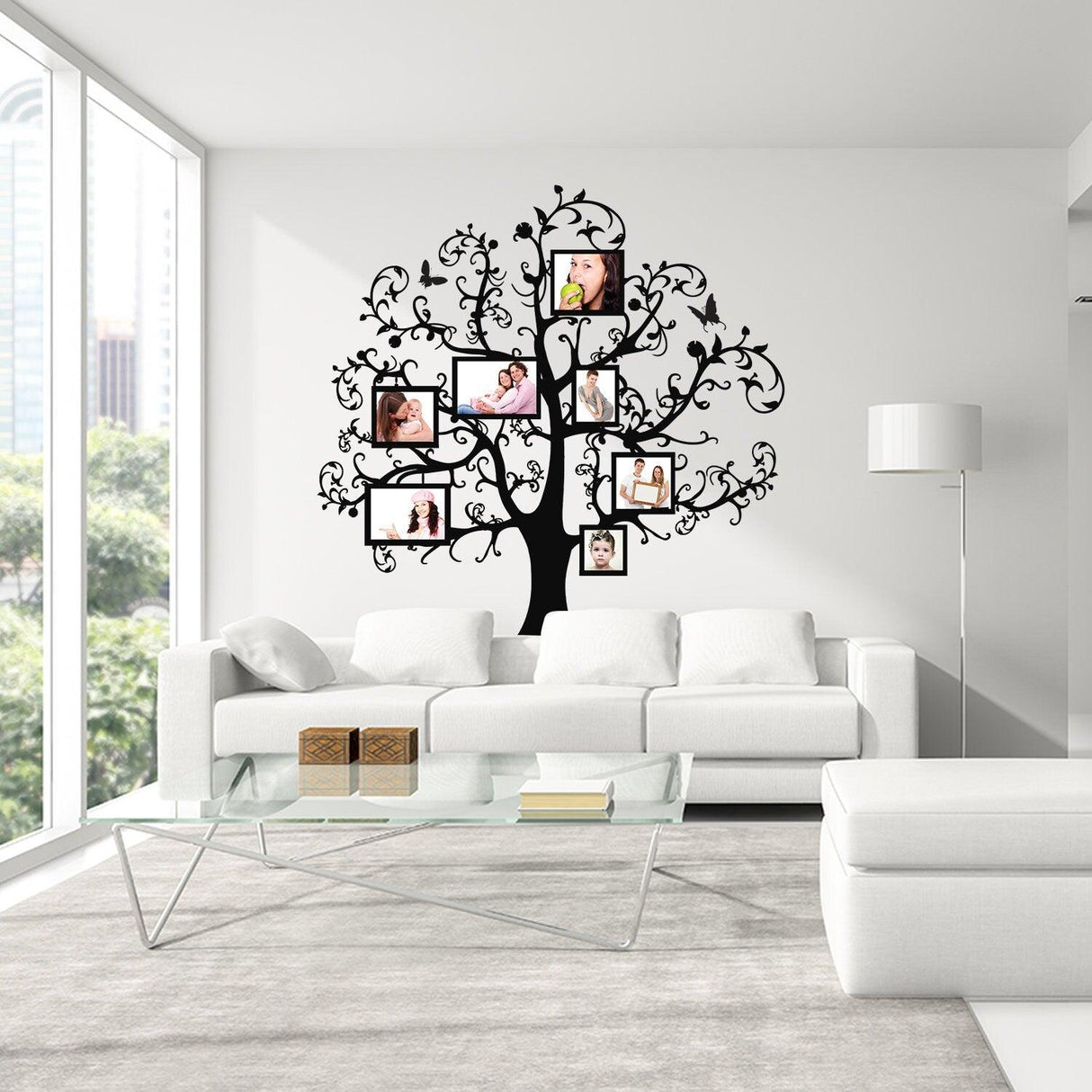 Vinyl wall decal of a tree displaying family photos in frames, perfect for home decor and easy to apply.