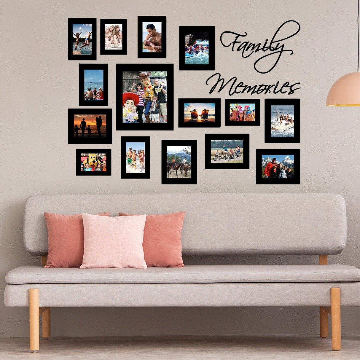 Wall Frame Sticker with family photos and memories, creating a personalized gallery wall in a modern living room.