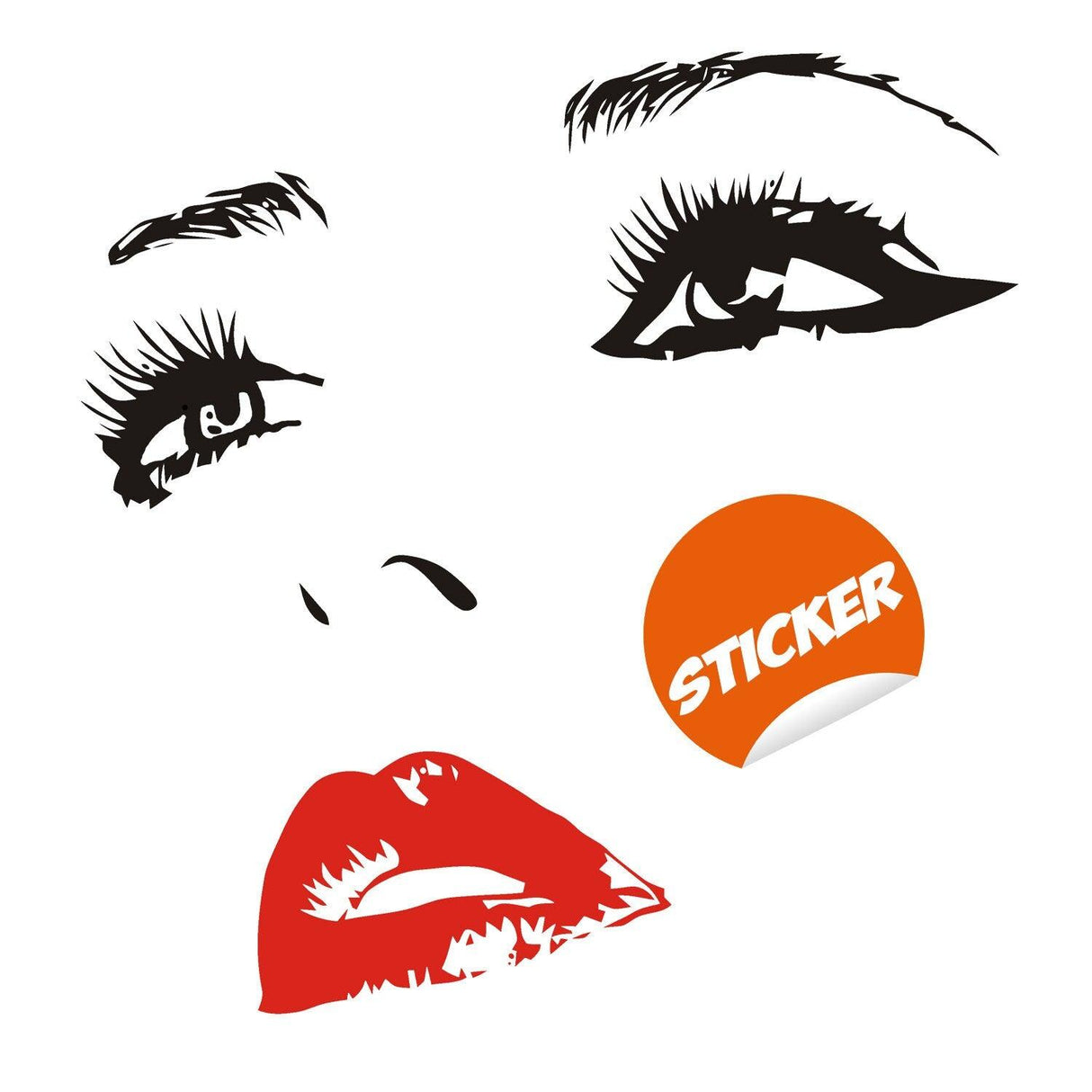 Elegant woman face vinyl sticker design featuring bold eyes and red lips, perfect for beauty decor.