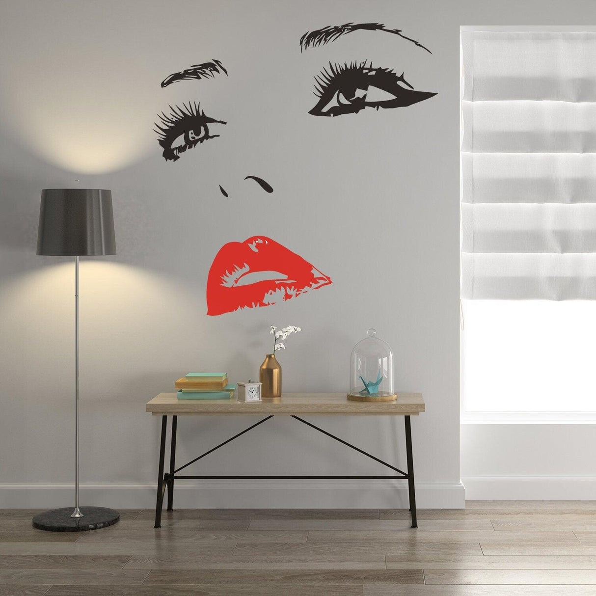 Elegant woman face black wall vinyl sticker art decal in modern living room decor.
