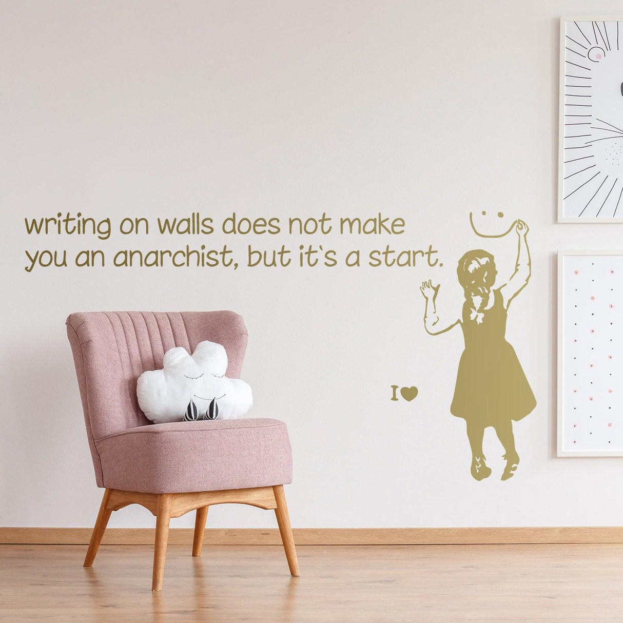 Banksy-inspired wall sticker with girl and quote about anarchism, adding activist flair to any room.