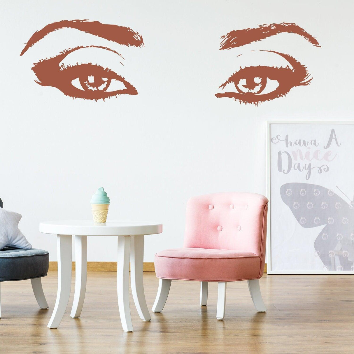 Woman eye vinyl wall sticker decal showcasing elegant eyelashes in a stylish beauty salon setting.