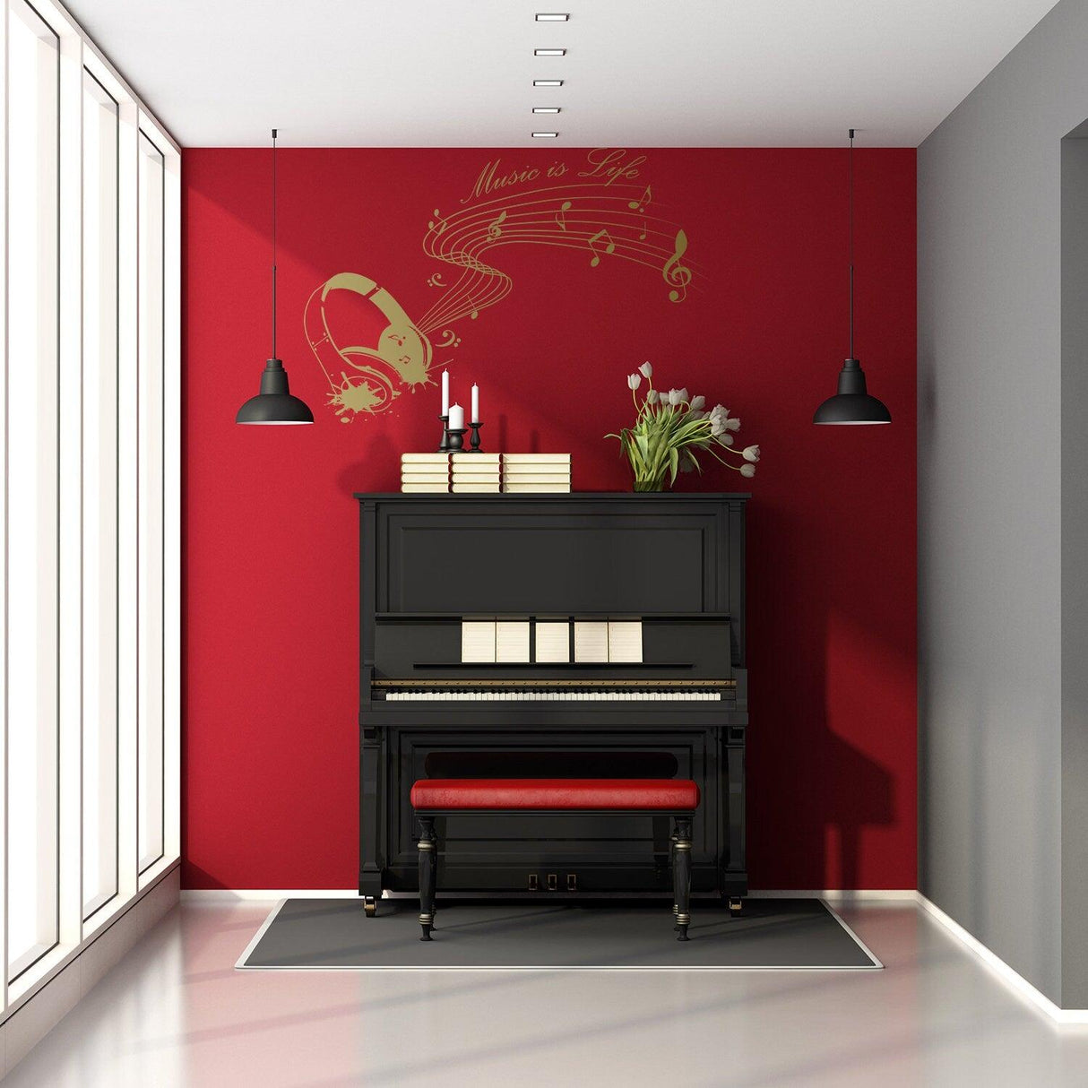 Stylish interior featuring a 'Music is Life' wall sticker above a classic black piano in a chic red room.