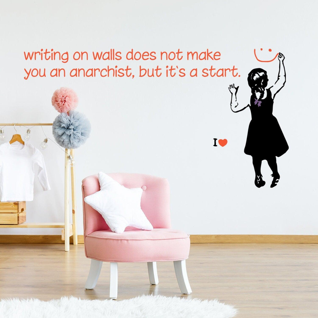 Banksy-inspired wall art featuring a girl with rebellious text, perfect for creative spaces and decoration.