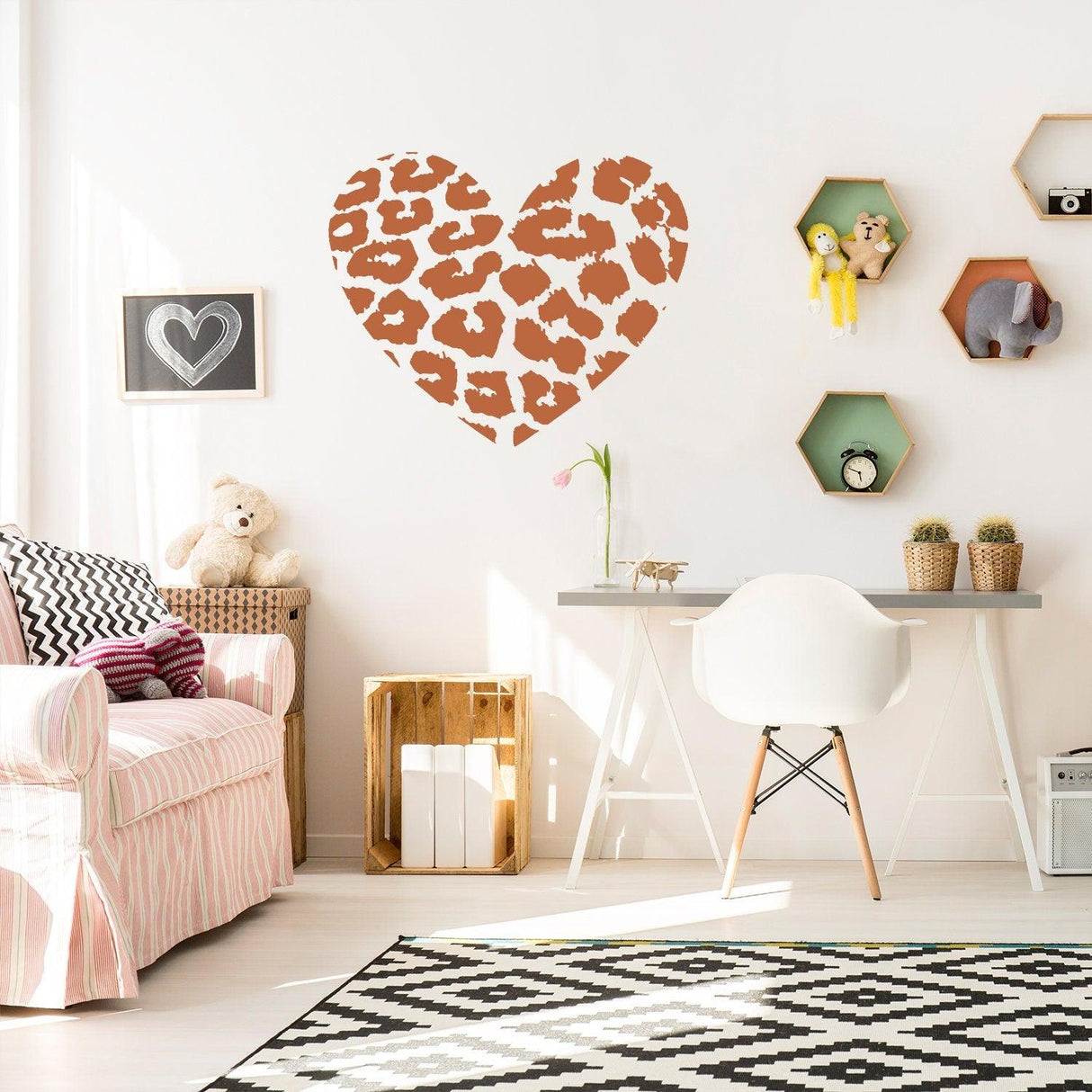 Leopard heart wall sticker in a stylish room, adding a wild touch to decor with vibrant colors and intricate details.
