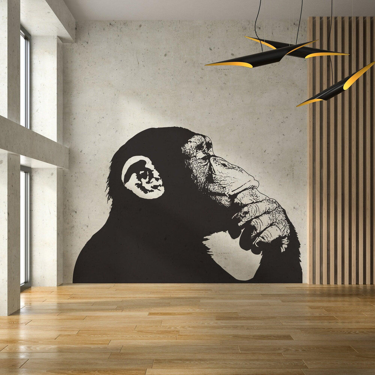Banksy-inspired Thinking Monkey wall sticker in modern room, featuring a contemplative monkey design on a stylish wall.