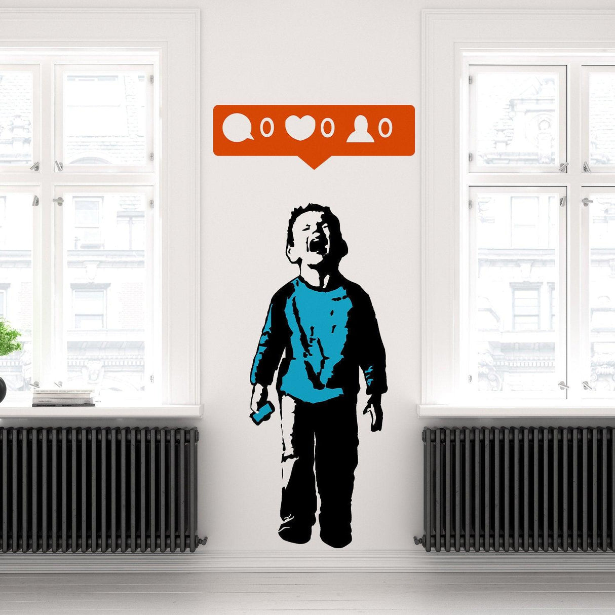 Banksy Crying Boy Wall Sticker featuring a boy with a phone and social media icons on the wall.