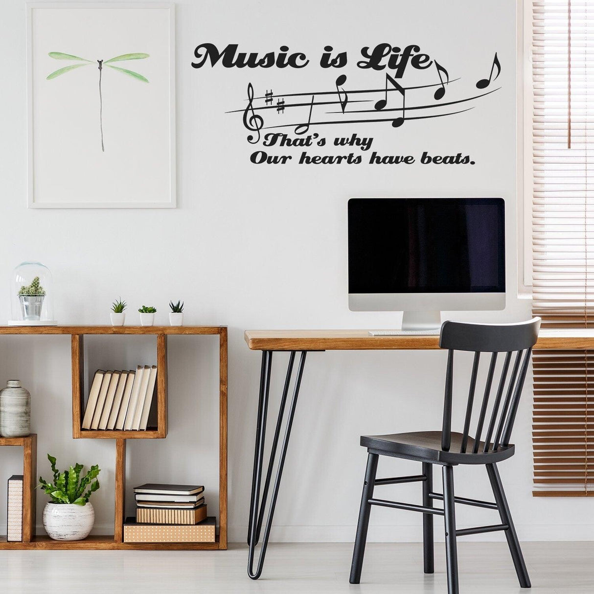 Music is Life wall sticker quote with musical notes in a stylish home office setting.
