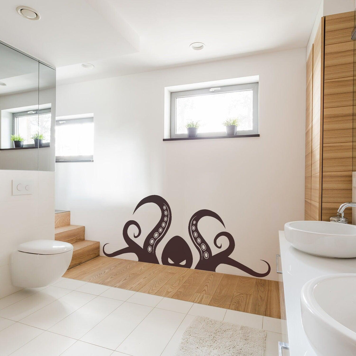 Octopus tentacle wall art sticker in a modern bathroom, adding ocean decor charm and whimsy to the space.
