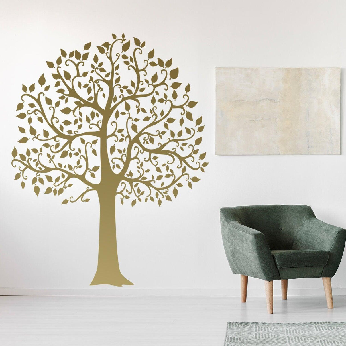 Birch tree wall sticker decal in a cozy room with a green chair, perfect for nurseries.