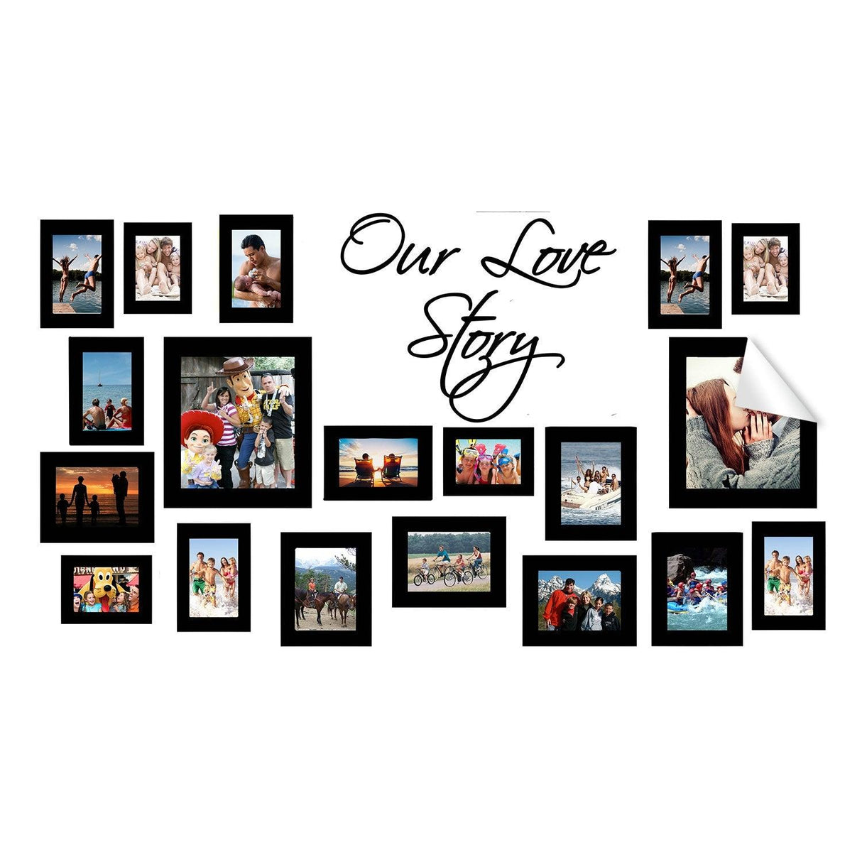 Wall frame sticker set featuring various picture frames and the text 'Our Love Story' for personalized decor.
