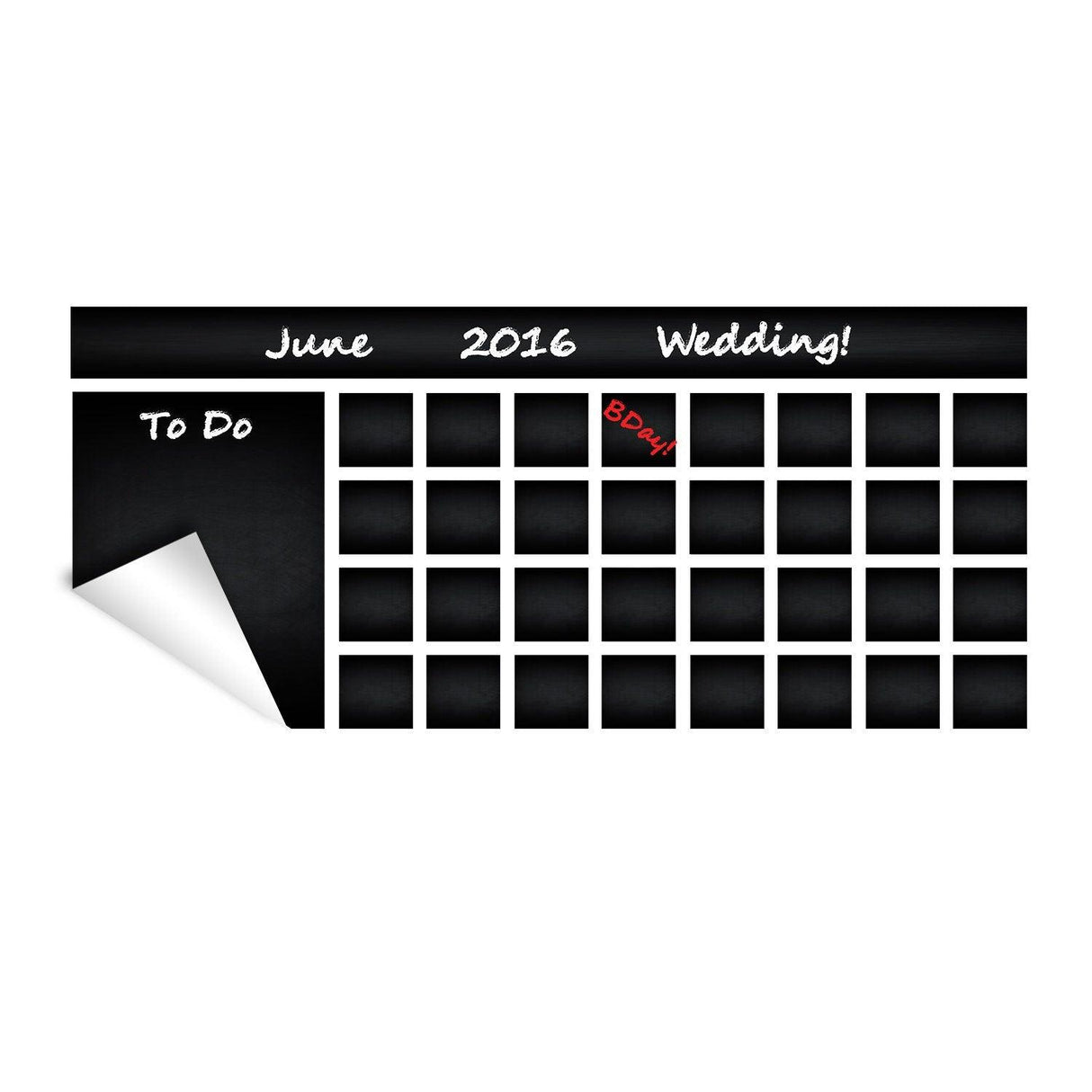 Editable chalkboard vinyl office calendar sticker for organizing schedules and events like weddings.