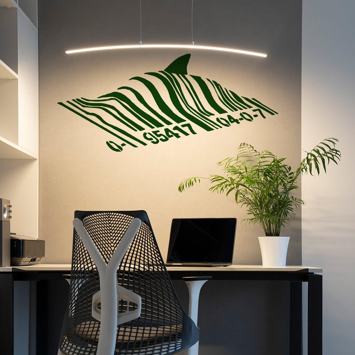 Banksy Barcode Shark wall sticker on a stylish office wall, combining art and design with a green fish and bar code.