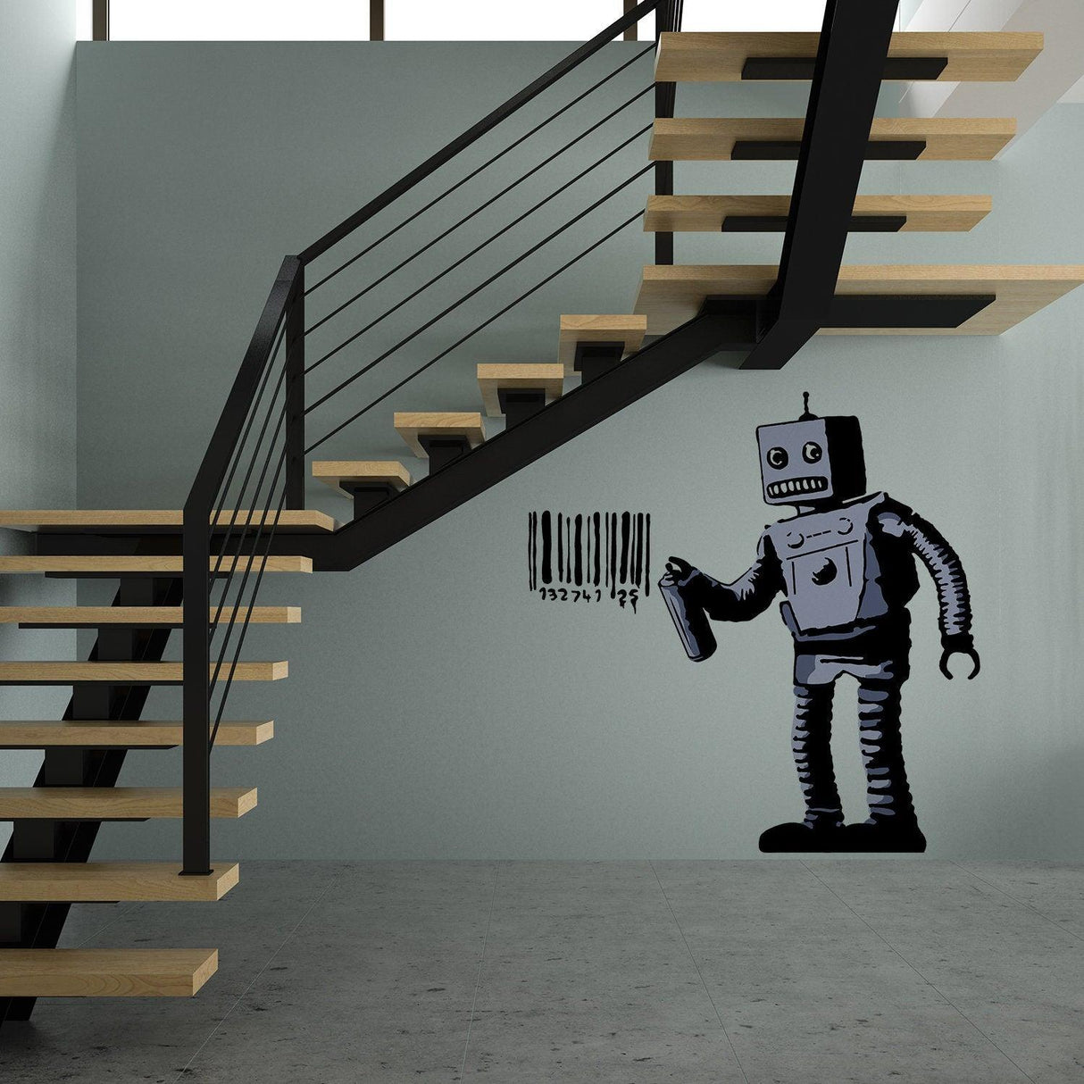 Banksy Barcode Robot Wall Vinyl Sticker on staircase wall, showcasing urban street art with a robot and barcode design.