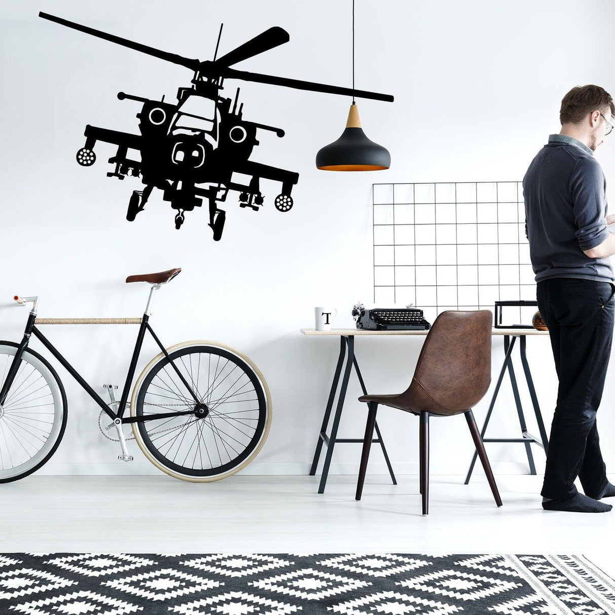 Stylish helicopter wall sticker in a modern office setting, enhancing decor with an adventurous touch.