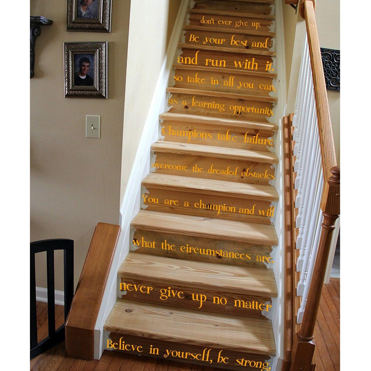 Inspirational 'Believe In Yourself' vinyl sticker design on wooden stairs, promoting self-motivation and positivity.