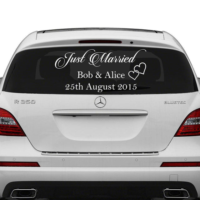 Custom Just Married vinyl wedding sticker on a car window featuring names Bob & Alice and wedding date 25th August 2015.