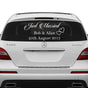 Custom Just Married vinyl wedding sticker on a car window featuring names Bob & Alice and wedding date 25th August 2015.