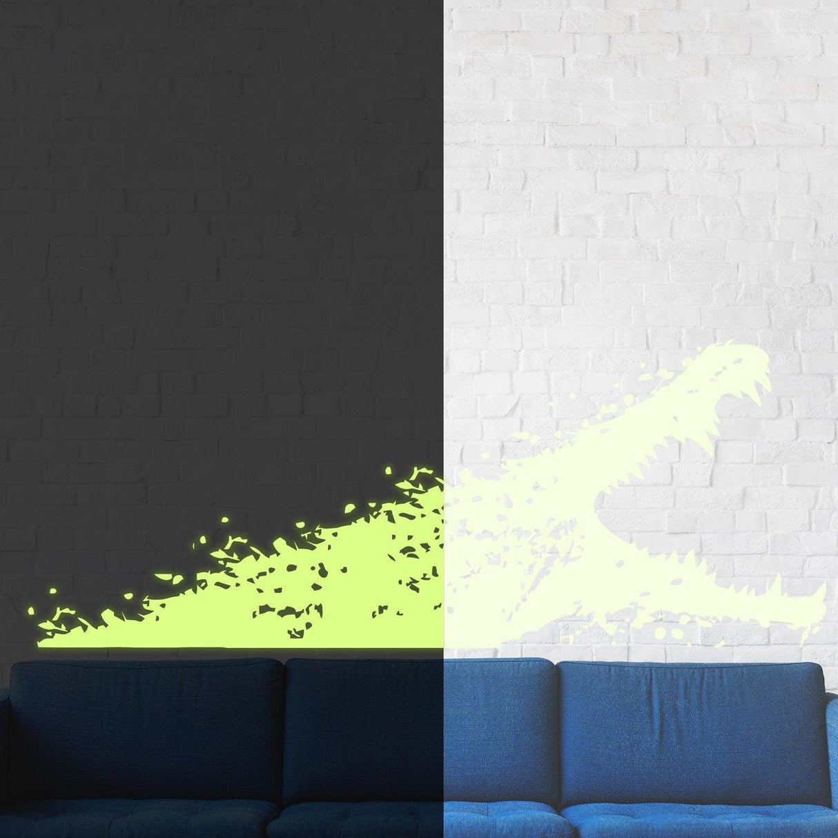 Glow in dark alligator wall sticker on a wall, showcasing fierce design glowing against a dark background.