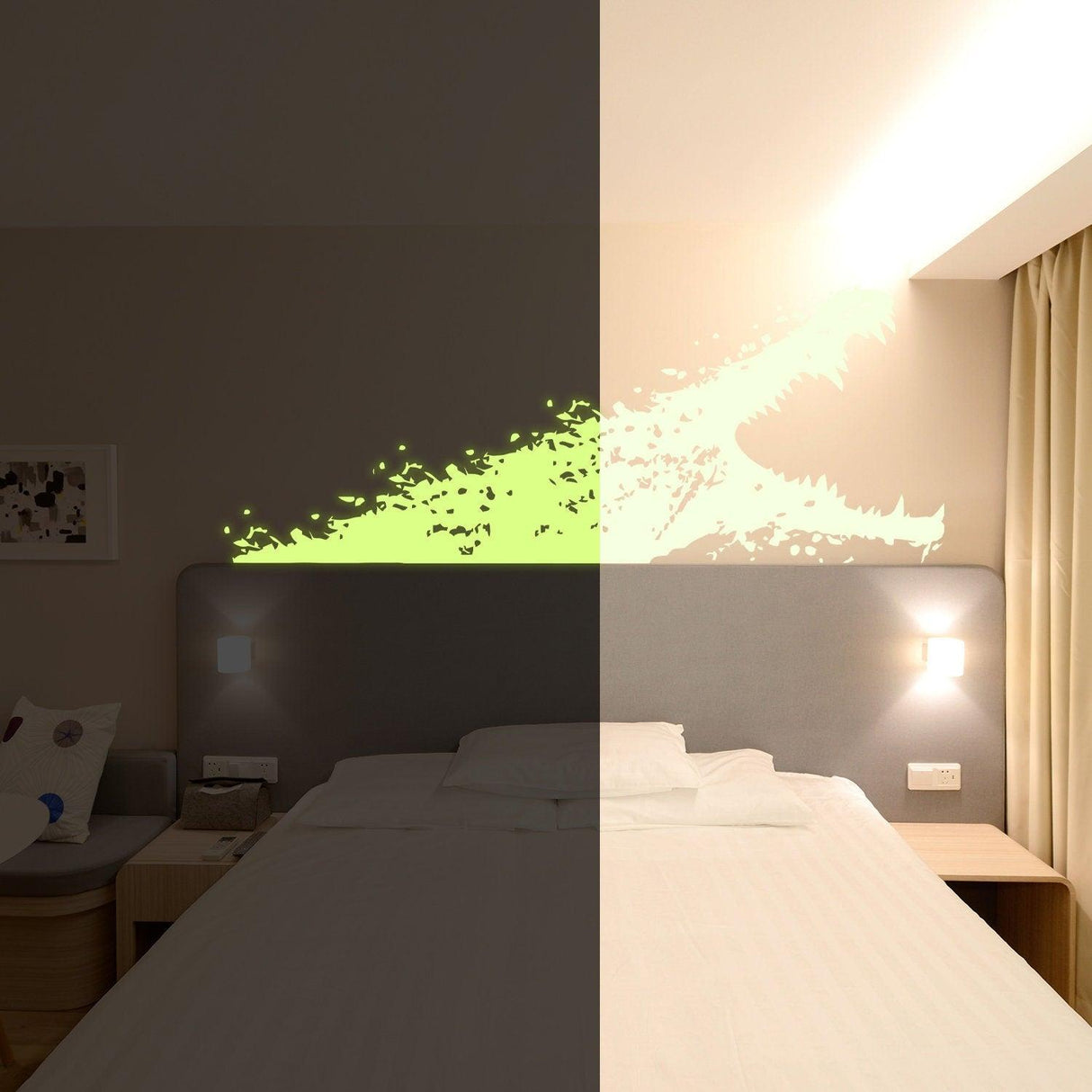 Glow in dark alligator wall sticker illuminating a bedroom wall, showcasing a fierce gator design.