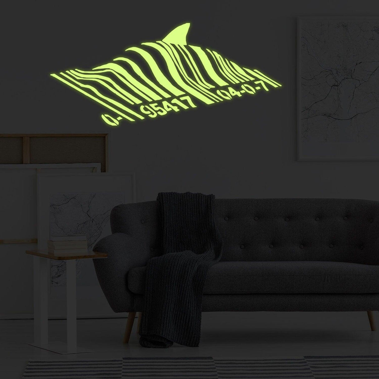 Glow in dark Banksy shark wall sticker with barcode design, perfect for adding unique art to your room.