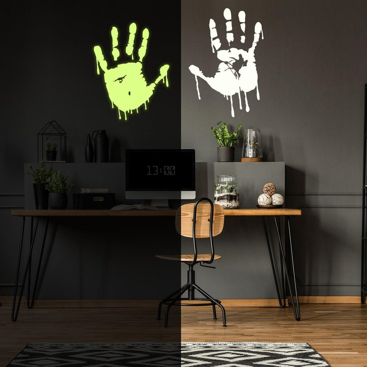 Glow in the dark bloody hands vinyl stickers on a dark wall, perfect for spooky home decor and Halloween themes.