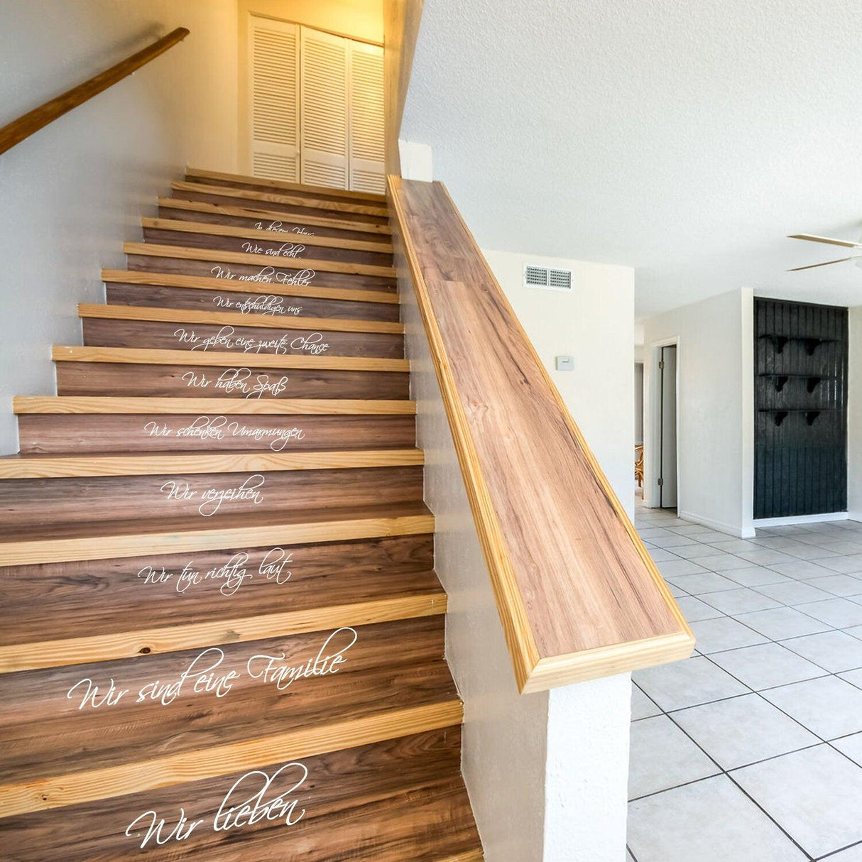 In This House Family Quote Vinyl Sticker on Staircase Wall Decor featuring heartfelt family rules.