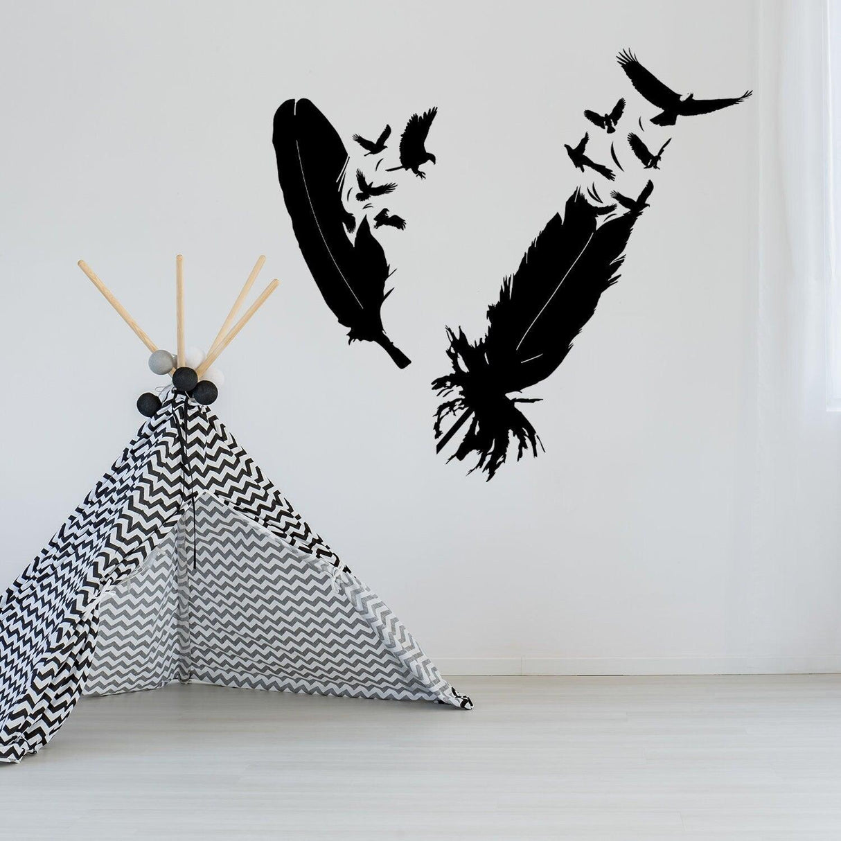 Eagle feather wall vinyl sticker with flying birds in modern home decor setting.