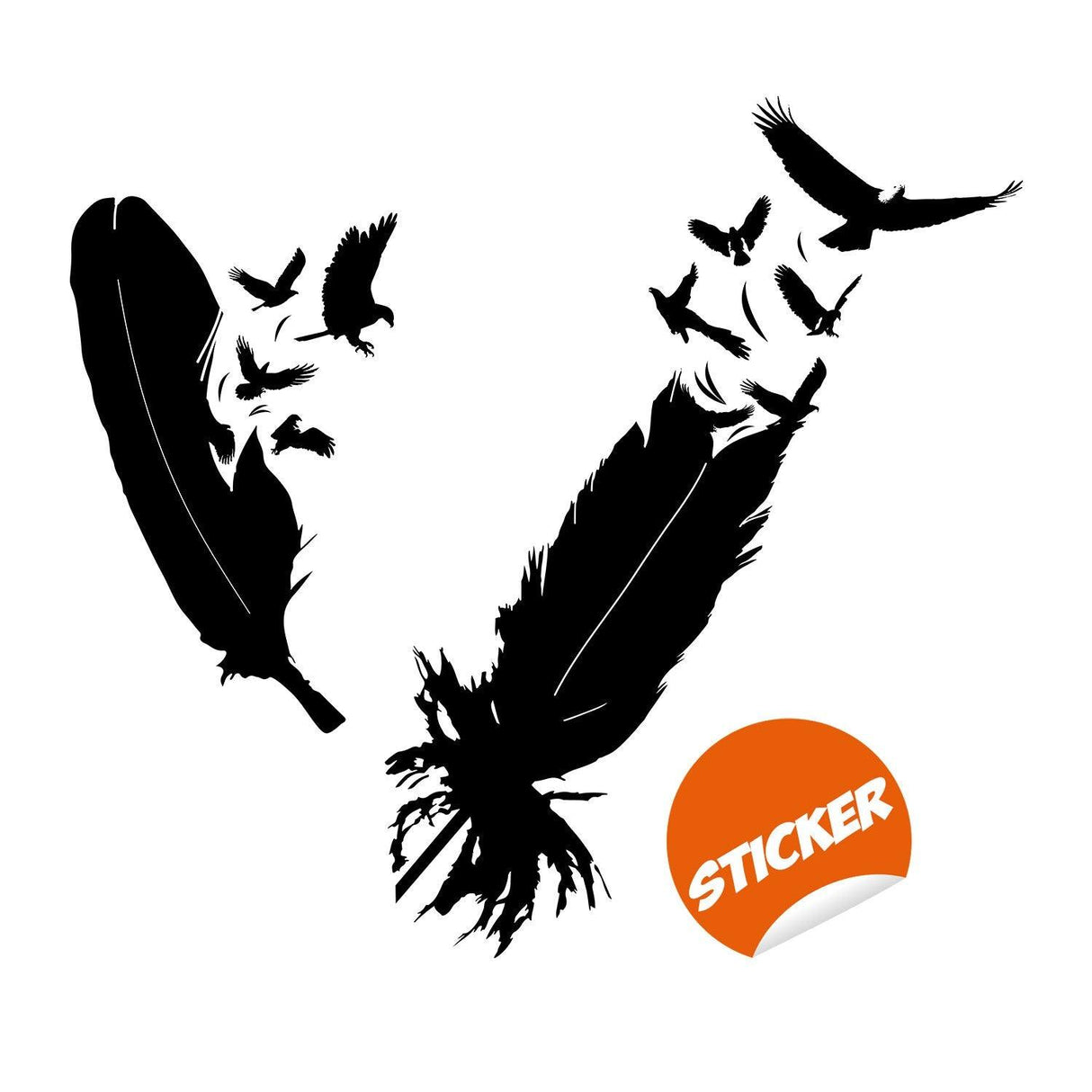 Bird Feather Wall Vinyl Sticker featuring eagle silhouettes and ornate feathers, perfect for home decor.