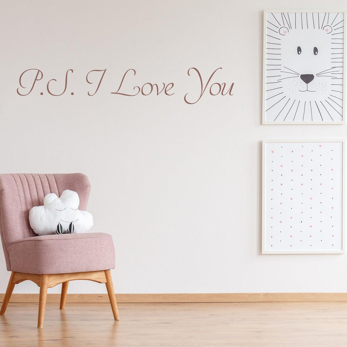 P.S. I Love You wall sticker in a cozy romantic bedroom decor with cute art prints and chair.