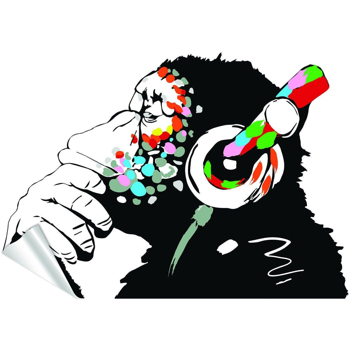 Colorful music wall art sticker featuring a thoughtful gorilla wearing headphones, perfect for music lovers.